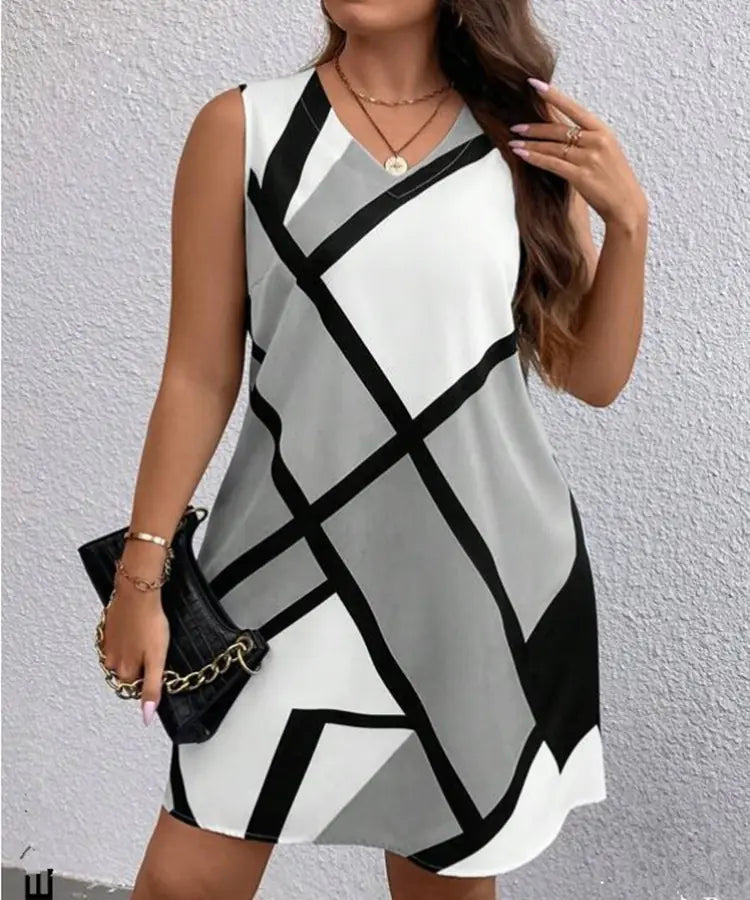Women’s sleeveless V-neck dress with geometric print by Trendy Attic Store01, featuring a stylish and modern design.
