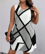 Women’s geometric print V-neck sleeveless dress by Trendy Attic Store01, featuring a modern pattern and stylish fit.