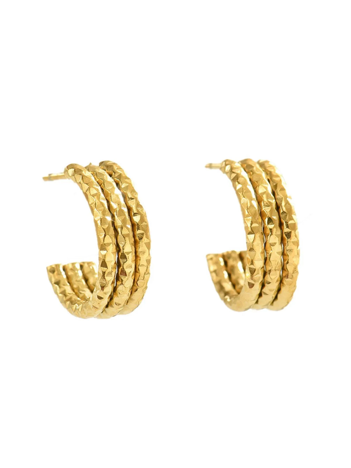 18K gold-plated textured triple band hoop earrings featuring a stylish design, perfect for elegant or casual wear.