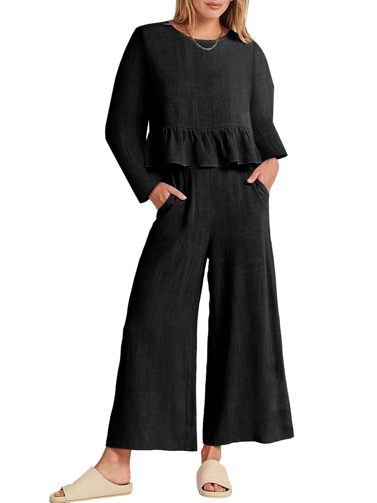 Women's long sleeve ruffled hem top and pants lounge set with pockets, from Plush Fashion Hub, shown laid flat.