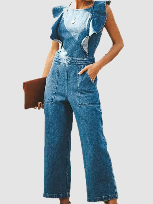 Backless sleeveless denim jumpsuit with ruffled details, styled as trendy trendy Trendsi denim jeans, shown in the product image.