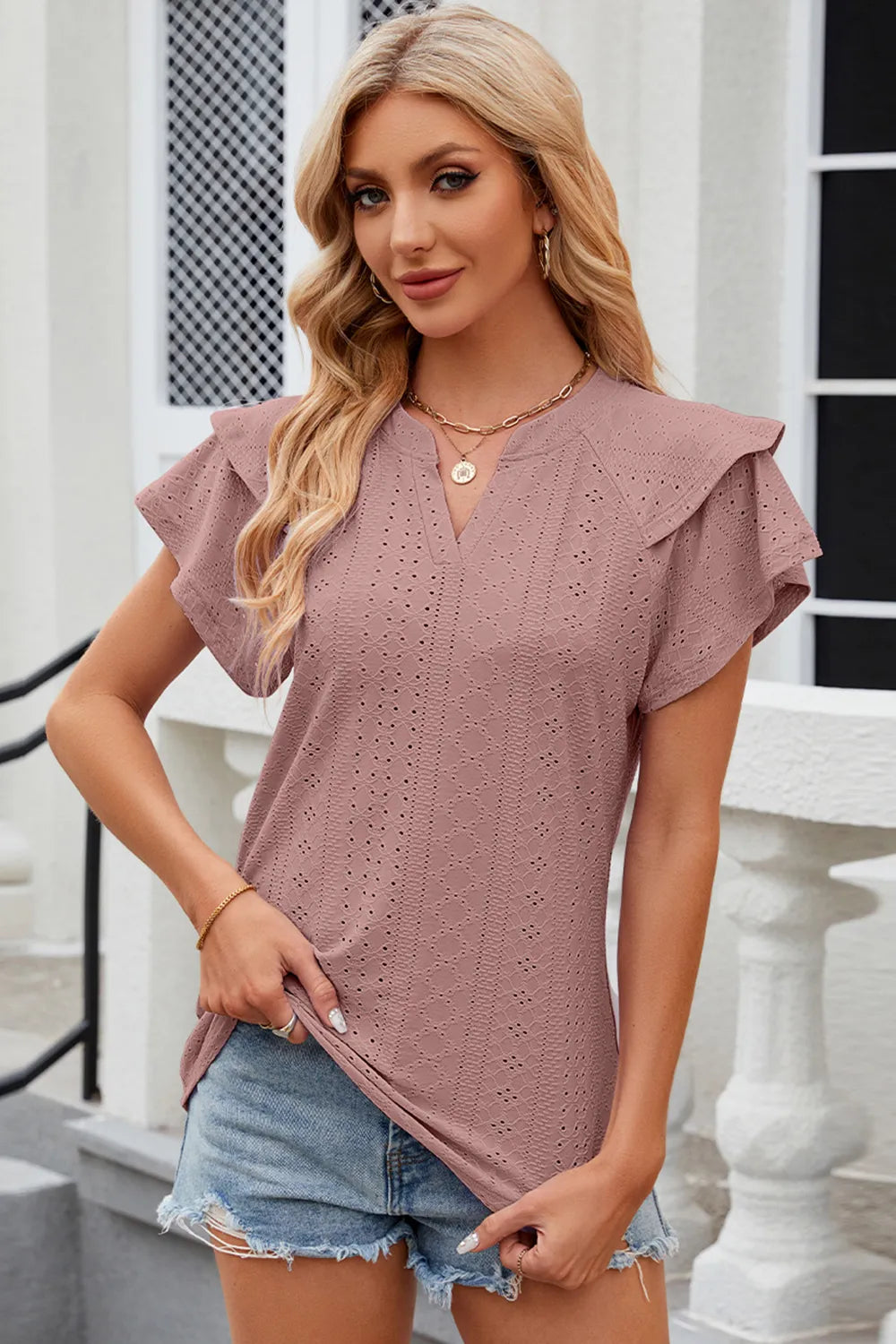 Plush Fashion Hub eyelet notched flutter sleeve T-shirt, stylish tops with flutter sleeves and eyelet detailing on a neutral background.