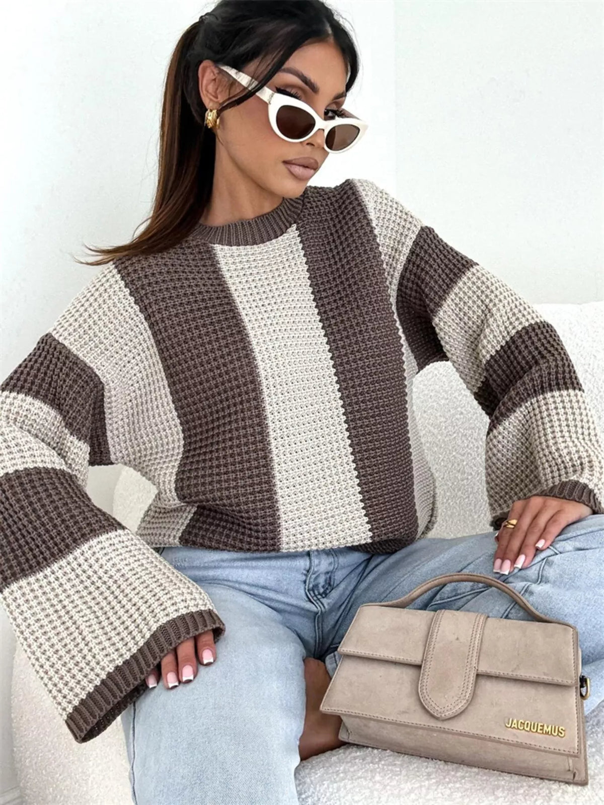Color block long sleeve sweater from Trendsi featuring vibrant color blocking and a cozy knit design.