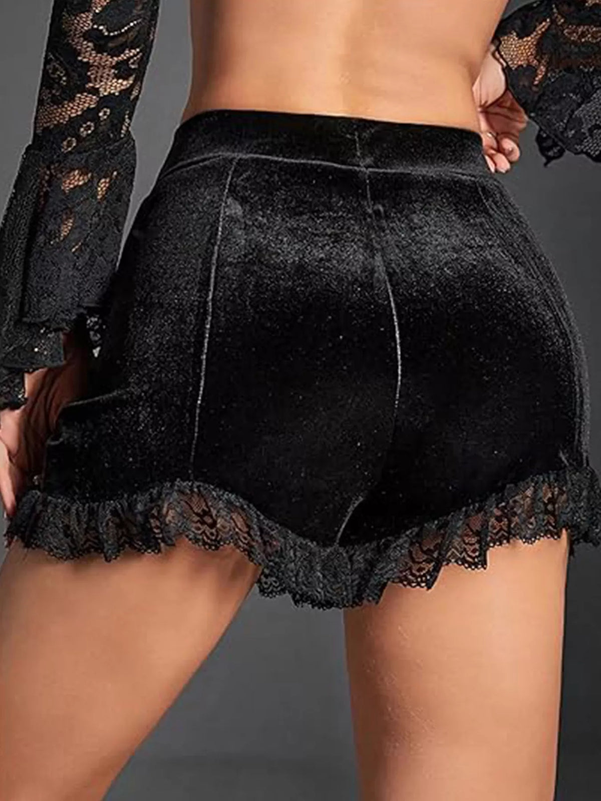 Velvet ruched lace trim shorts from Plush Fashion Hub featuring a soft velvet fabric and delicate lace details.