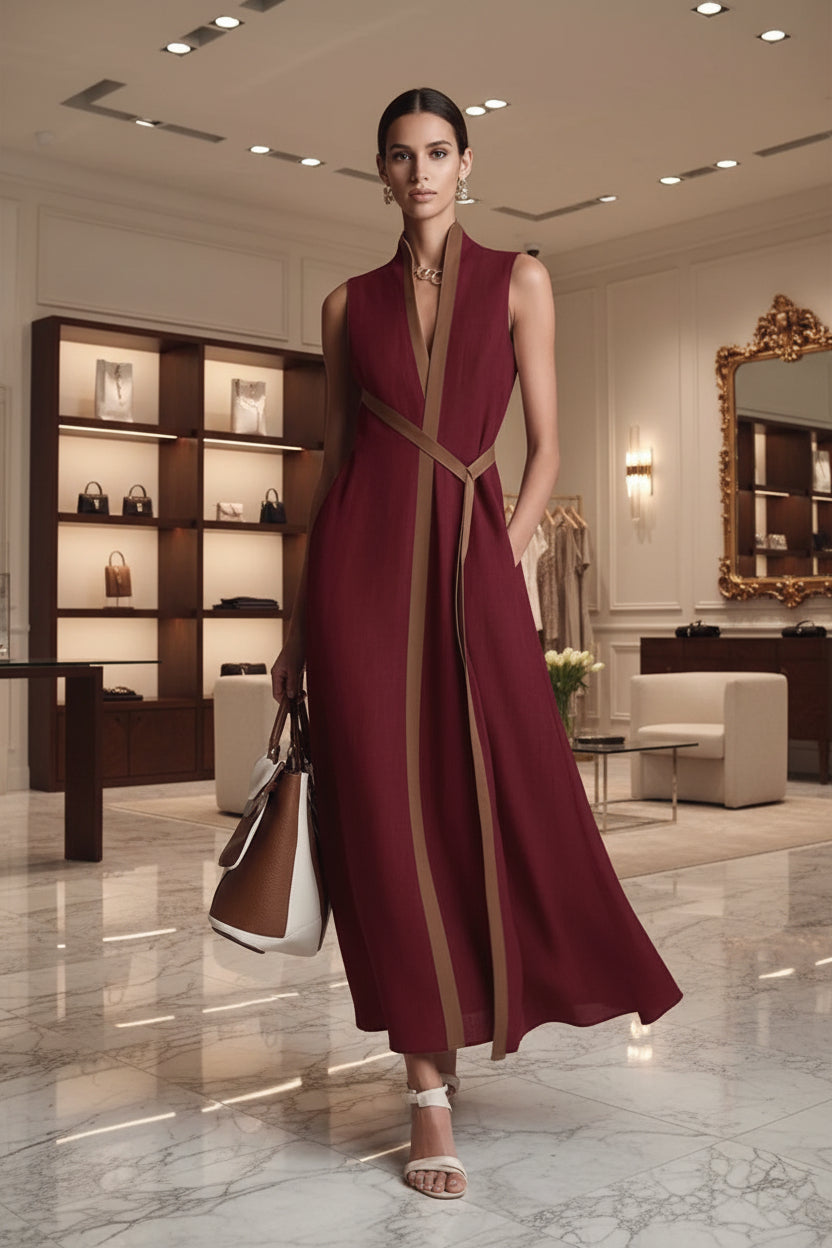 Women's Color Block Sleeveless Stand Collar Dress