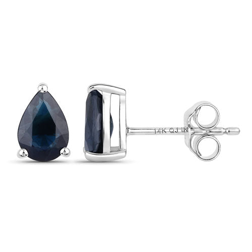 Genuine 1.60 Carat blue sapphire earrings in 14K white gold featuring round cut sapphires with elegant setting