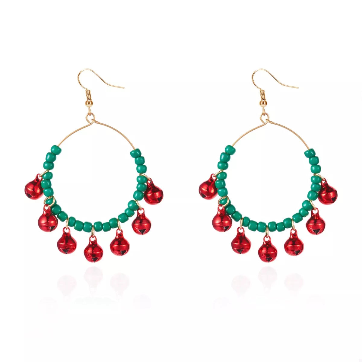 Christmas beaded hoop earrings with jingle bells from Plush Fashion Hub, featuring colorful beads and festive holiday charm
