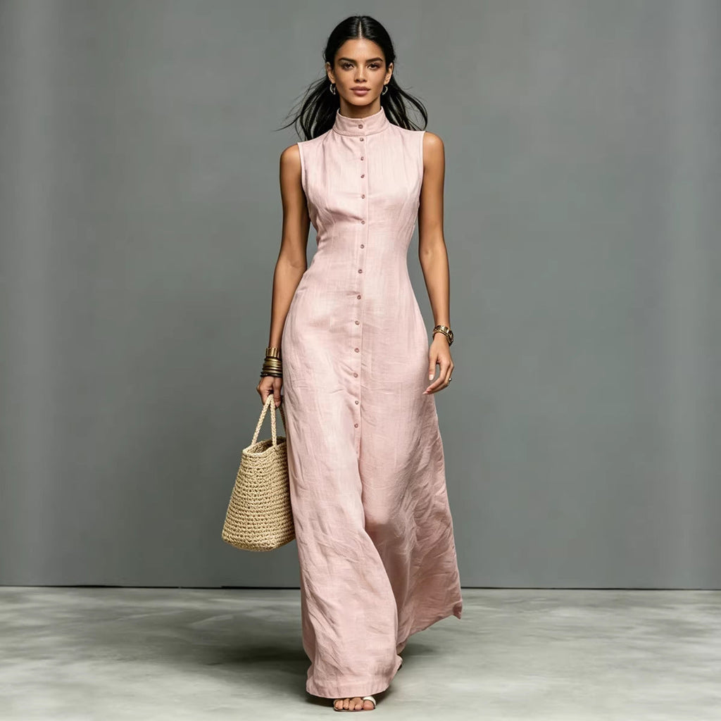 Women's casual sleeveless midi dress with stand collar and single-breasted design by FitiqueFit, shown on a model.