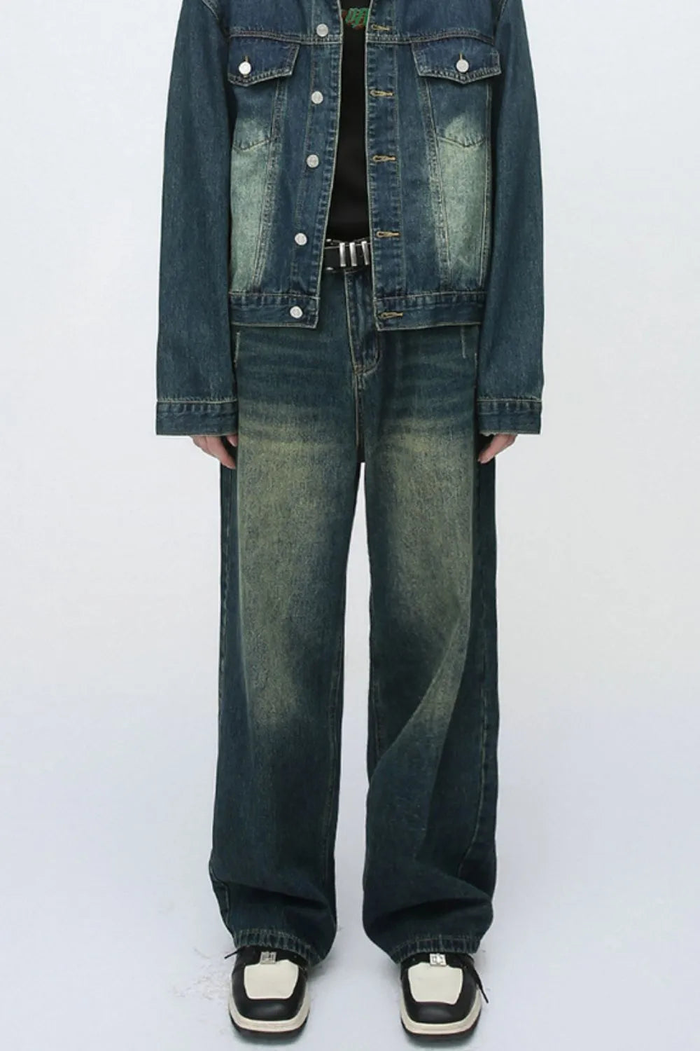 Plush Fashion Hub baggy denim jeans with front and back pockets, relaxed fit, casual style, and classic blue denim fabric.