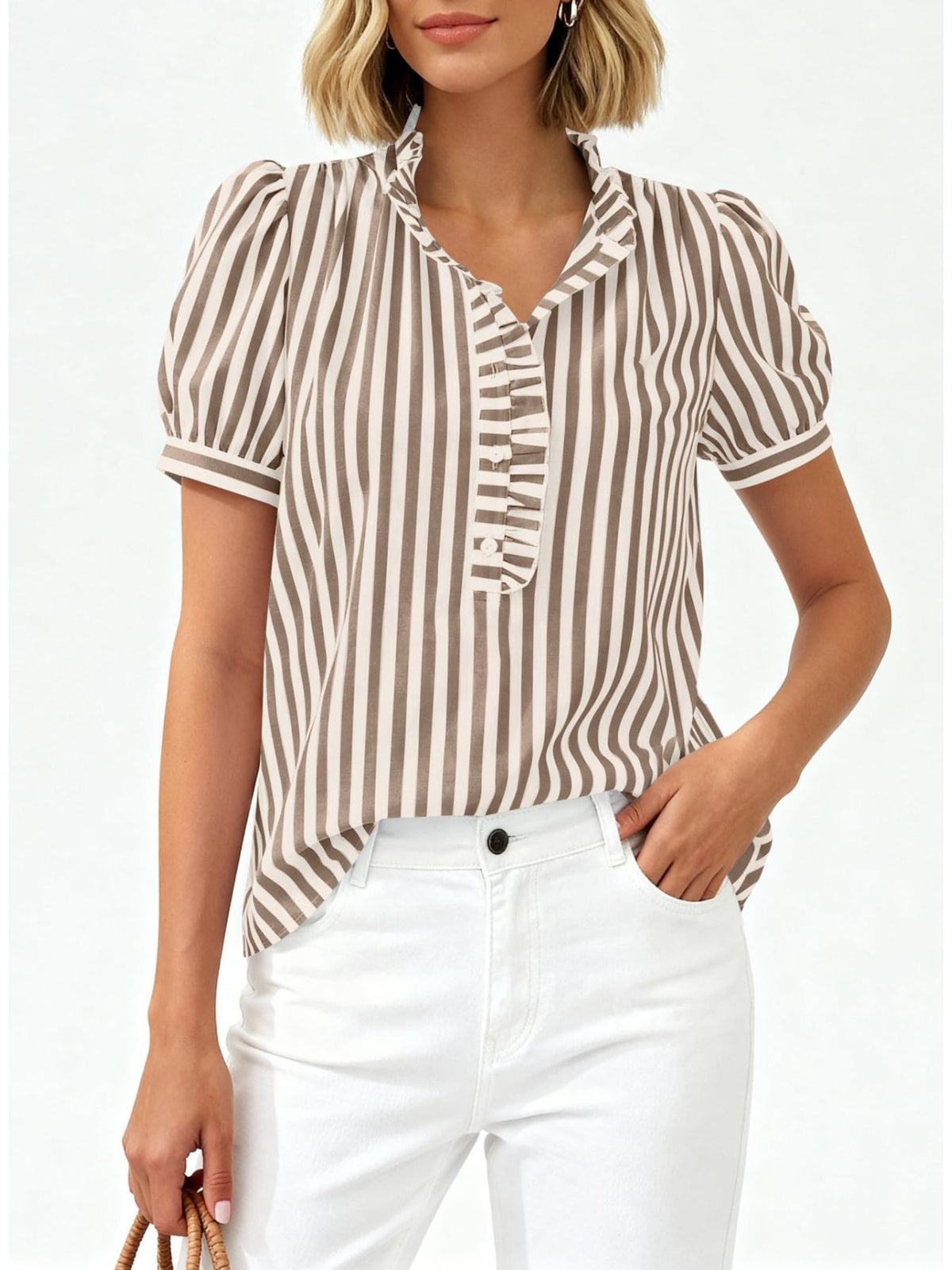 Women's striped puff sleeve blouse with ruffled details by Plush Fashion Hub, featuring a stylish and feminine design.