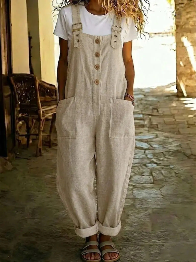Women’s vintage high-waist straight-leg sleeveless overalls jumpsuit by Plush Fashion Hub, featuring suspender straps and classic denim style.