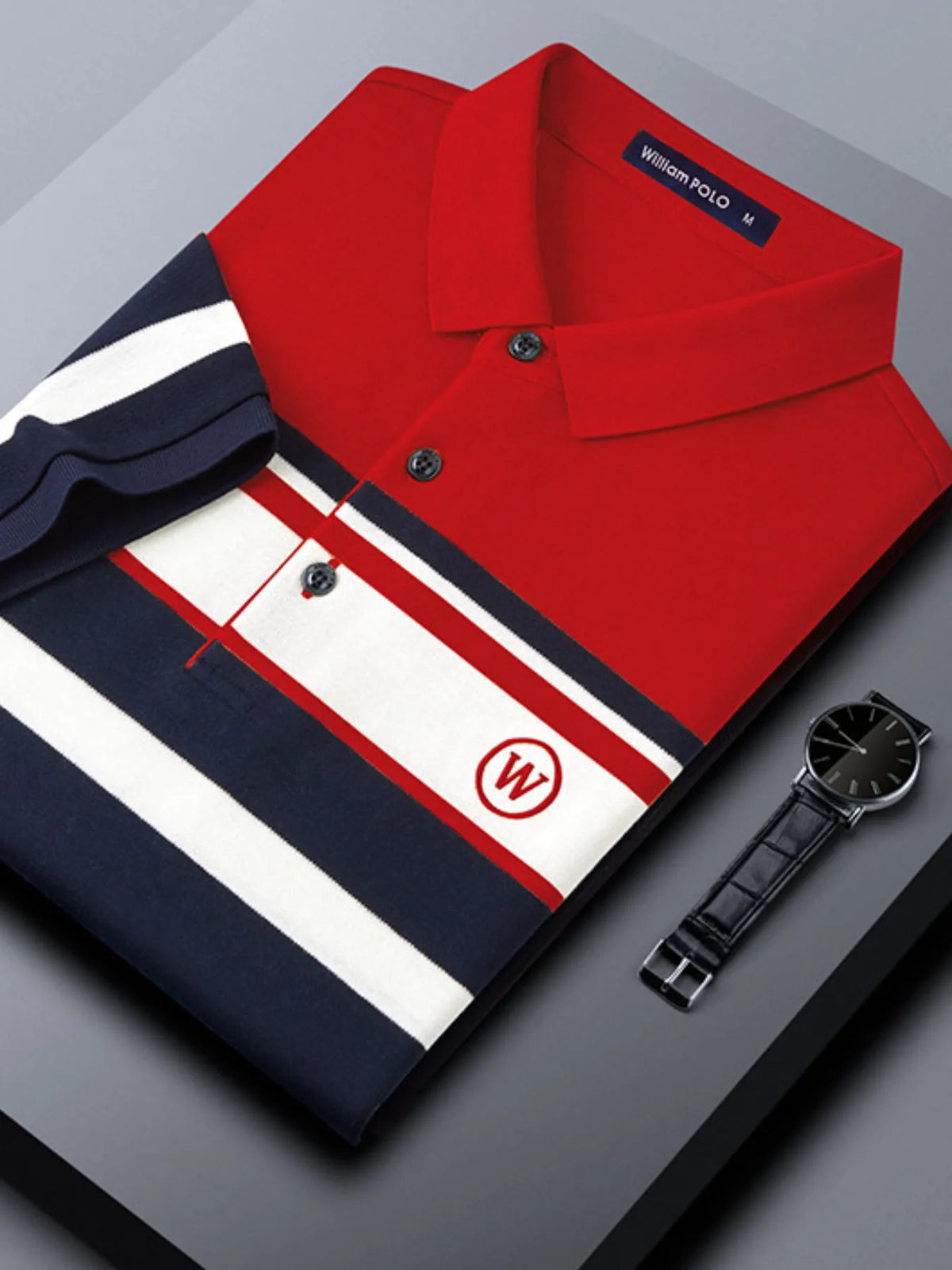 Men's plus size color block striped polo shirt by Trendsi, featuring short sleeves and vibrant multicolor design.