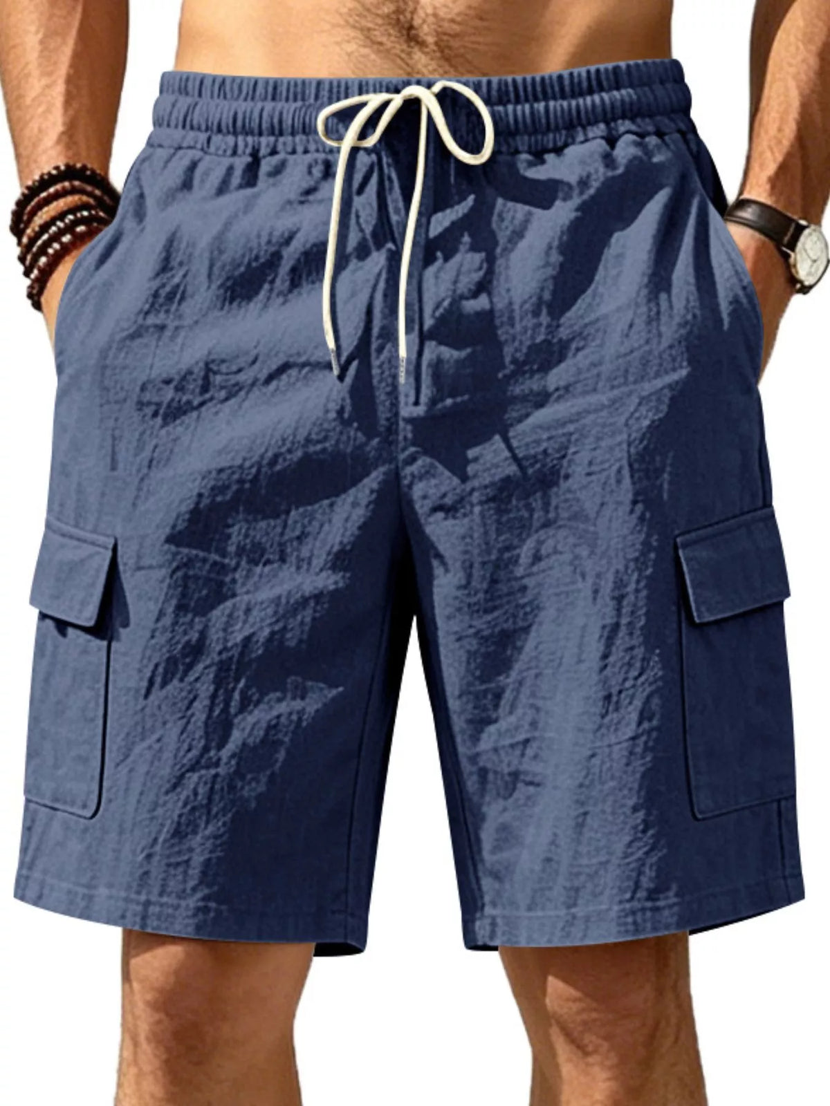 Men's plus size casual cargo shorts by Plush Fashion Hub with drawstring waist, featuring multiple side pockets and relaxed fit.