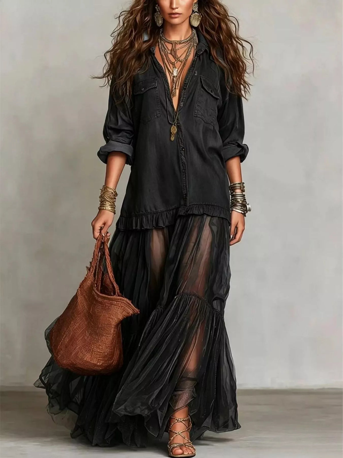 Long sleeve sheer ruffle maxi dress by Plush Fashion Hub featuring flowy fabric and elegant ruffle details.