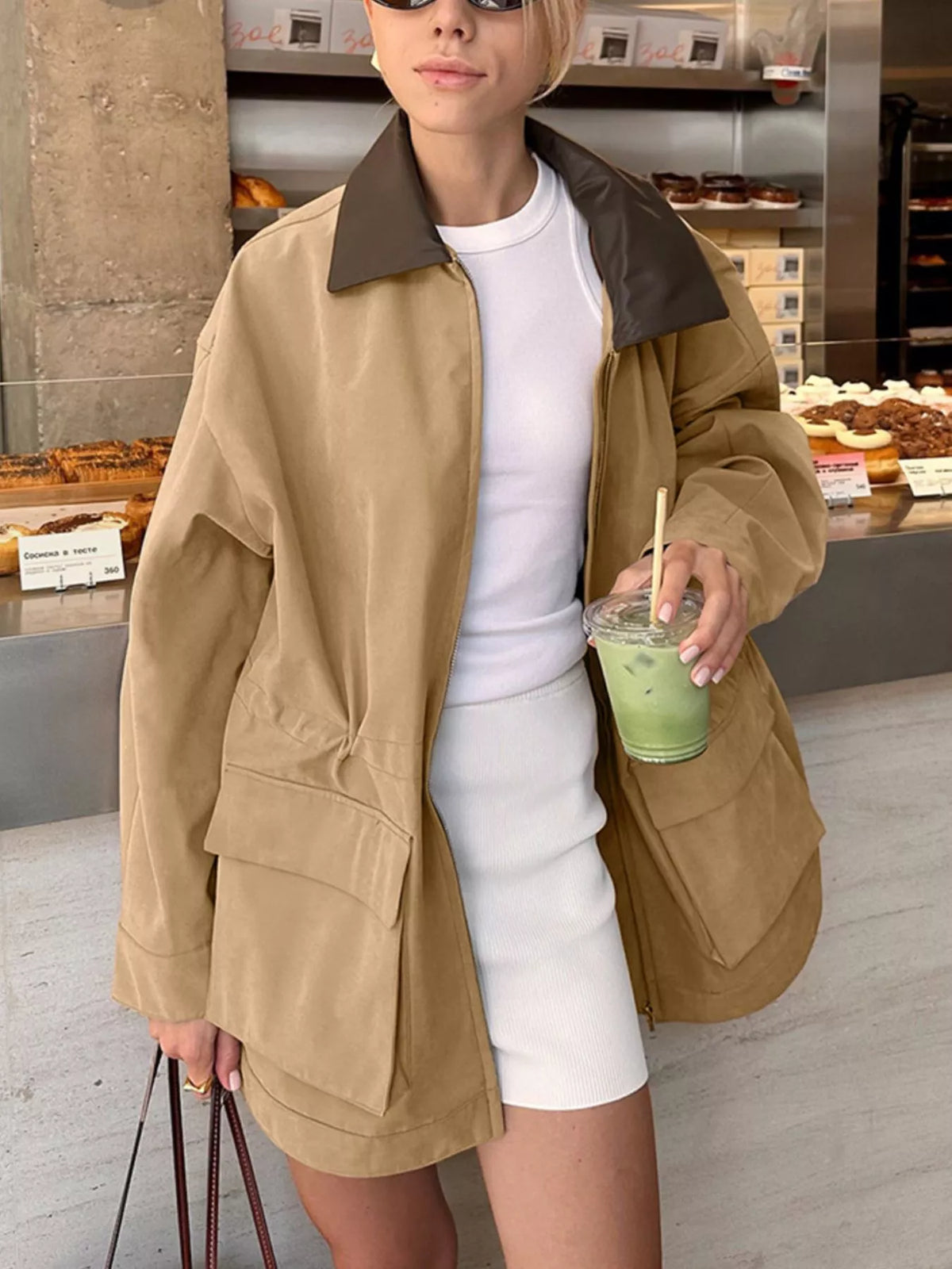 Oversized contrast collar jacket with drawstring waist from Trendsi, featuring a stylish collar and relaxed fit.