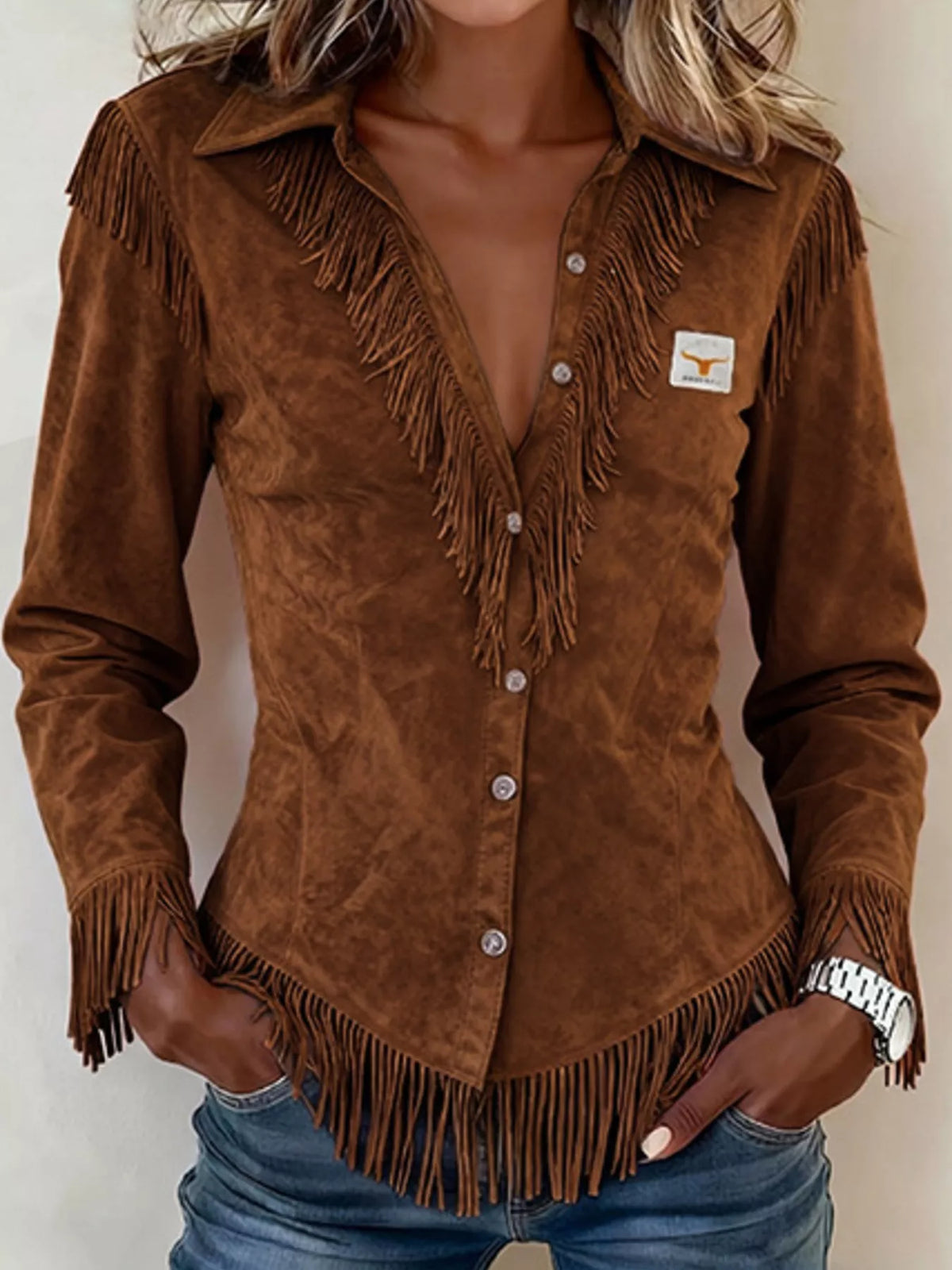 Plus size fringed collared neck shirt by Trendsi, featuring a stylish full fringe design and classic collar, shown on a model.