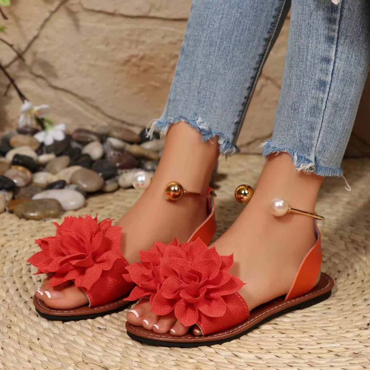 Plush Fashion Hub floral decor flat sandals with colorful flower embellishments and comfortable flat sole for casual wear.