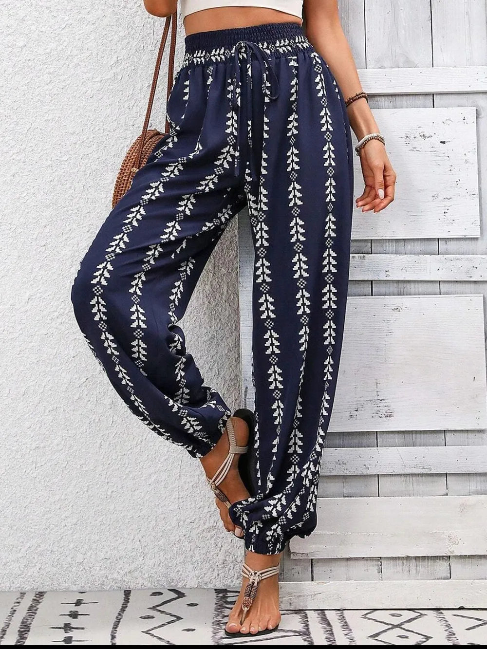 Plush Fashion Hub printed high-waist pants featuring a stylish design, fitted waist, and full-length comfort for everyday wear.