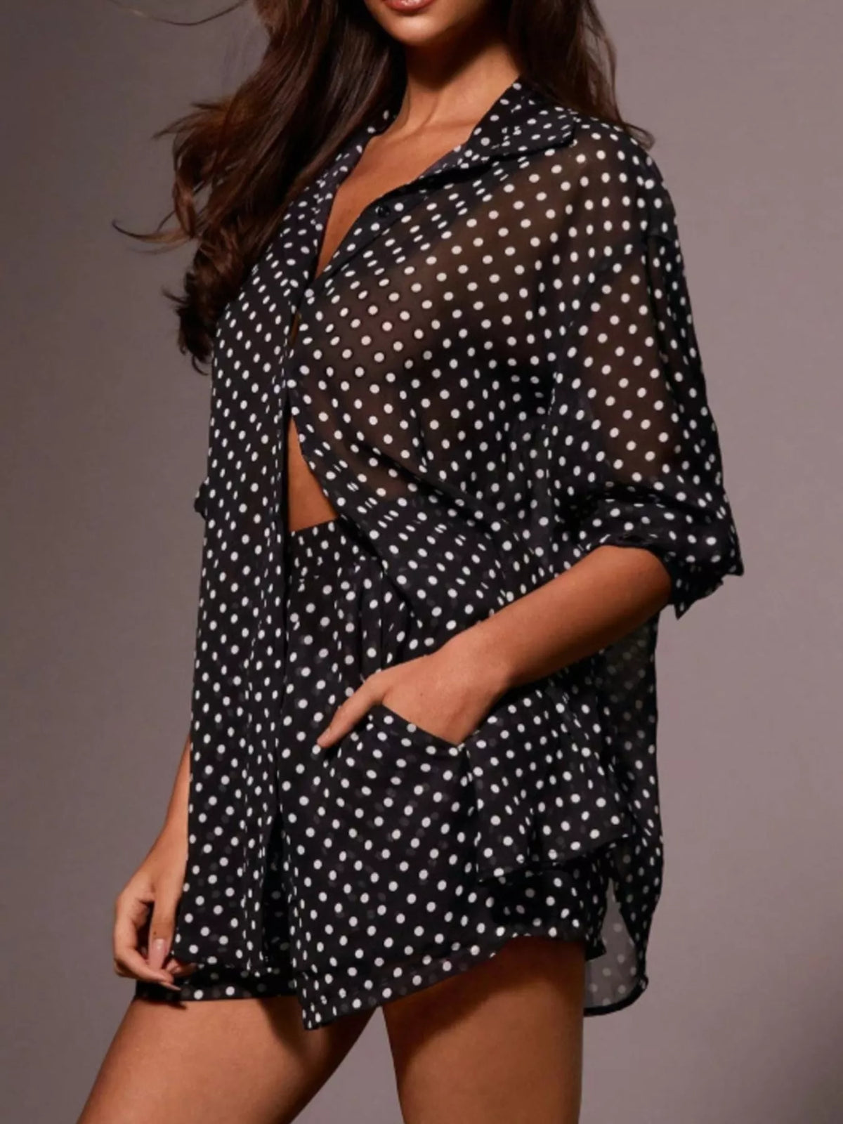 Plush Fashion Hub polka dot button-up shirt and shorts loungewear set, casual and comfortable for relaxing or lounging indoors.