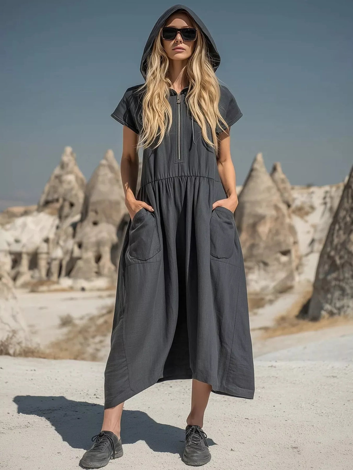 Plus size full zip hooded midi dress with pockets by Plush Fashion Hub, shown in a casual, comfortable style.