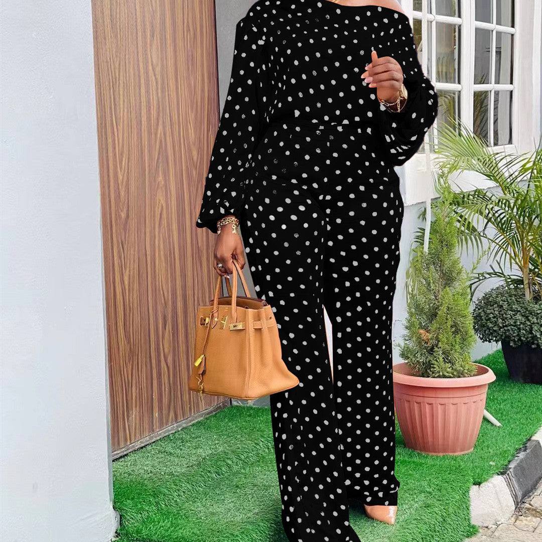 Polka Dot Printed Long-sleeved Trousers Casual Fashion Loose Shoulder Effortlessly elevate your wardrobe with our Polka Dot Printed Long-sleeved Trousers. Made from lightweight, comfy polyester, these trousers feature lantern sleeves f2 piece Pants setPlush Fashions ShopPlush Fashion Shop