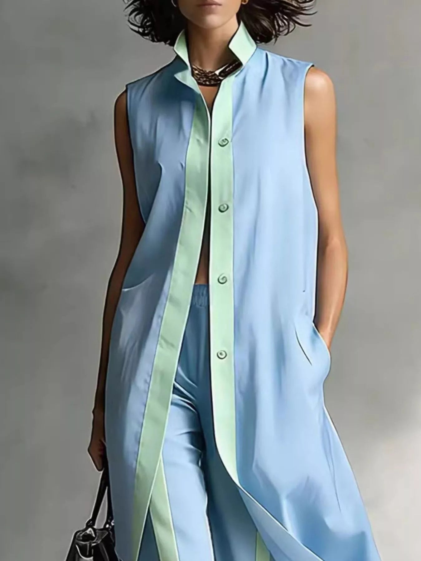 Plus size sleeveless longline vest and wide-leg pants set by Trendsi, featuring a comfortable, stylish pants outfit for women.