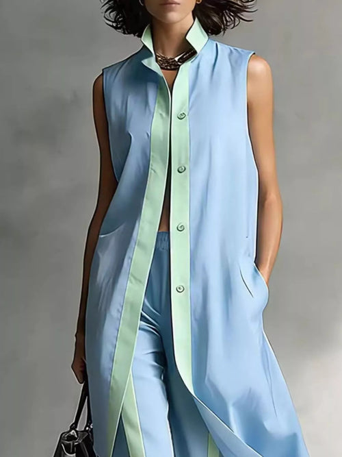 Plus size sleeveless longline vest and wide-leg pants set by Trendsi, featuring a stylish, comfortable pants in a full size.