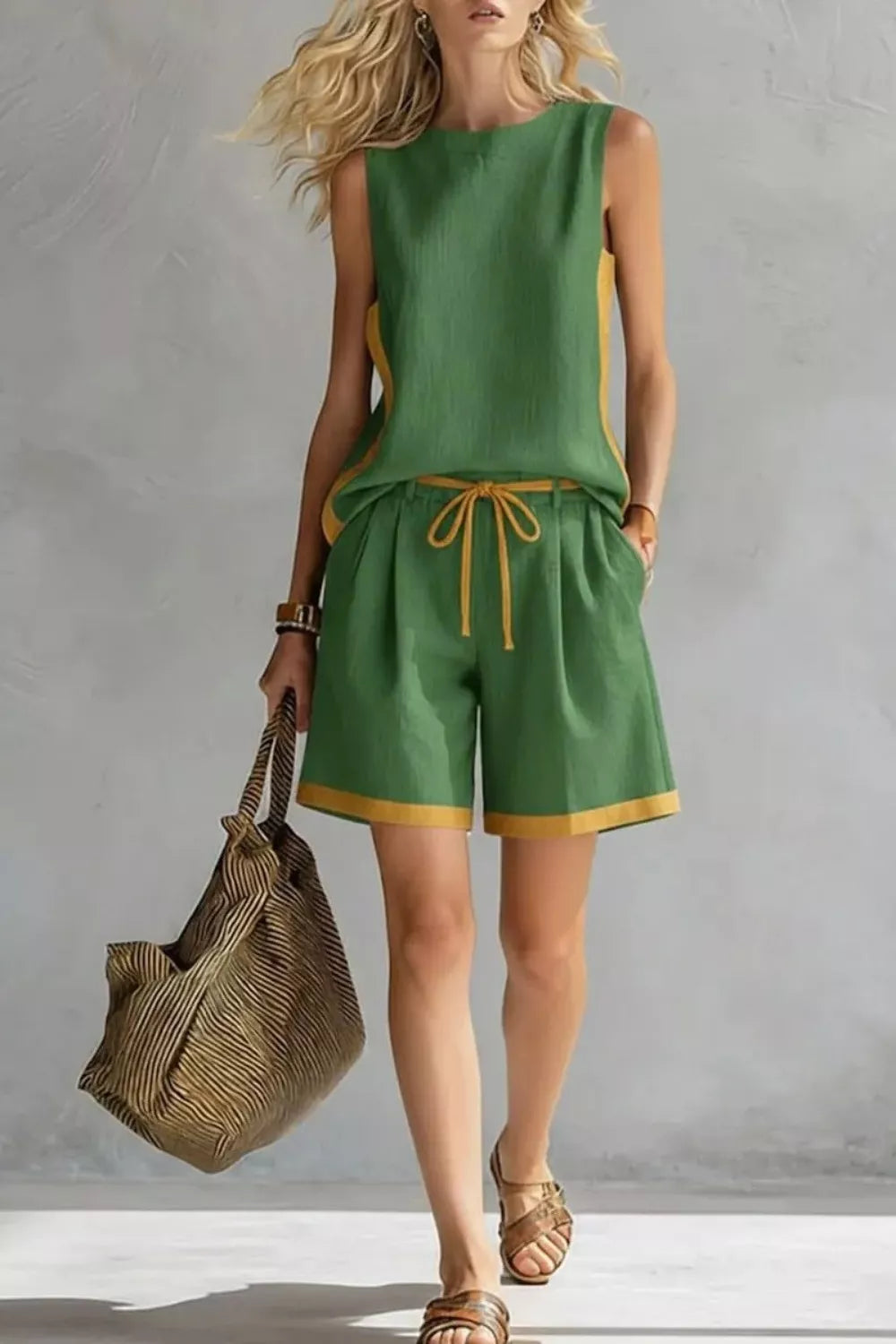 Contrast trim sleeveless tank and shorts loungewear set by Plush Fashion Hub, featuring comfortable fabric and stylish design.