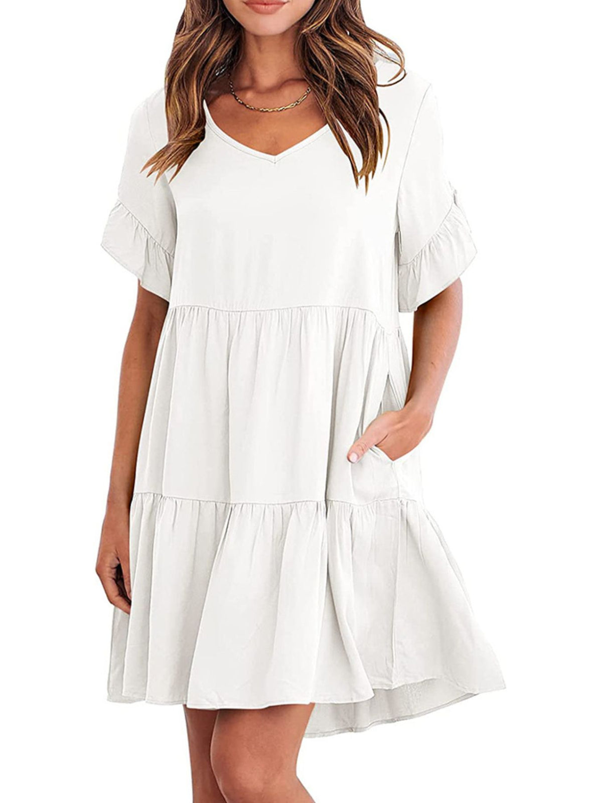Lightweight rayon ruffled sleeve tiered mini dress with pockets from Plush Fashion Hub, featuring a flowy design and vibrant color.