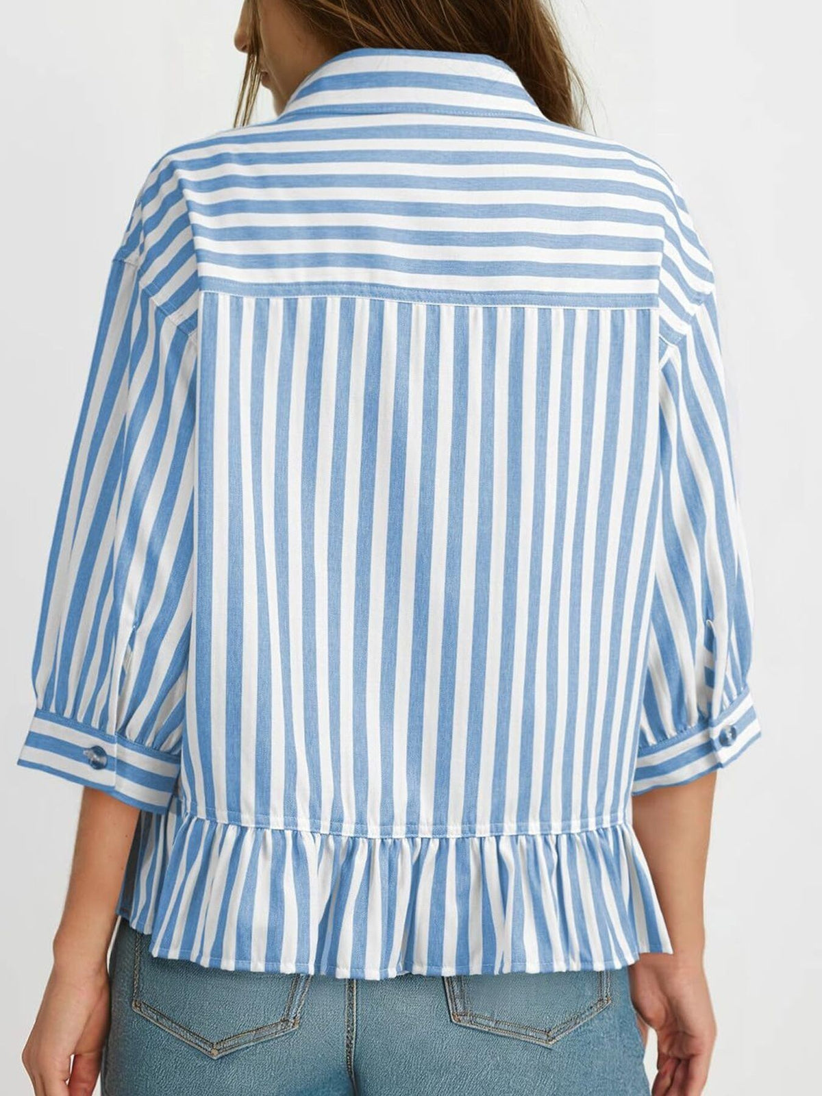 Women’s striped button-down blouse by Plush Fashion Hub, lightweight viscose fabric with ruffled hem and classic collar.