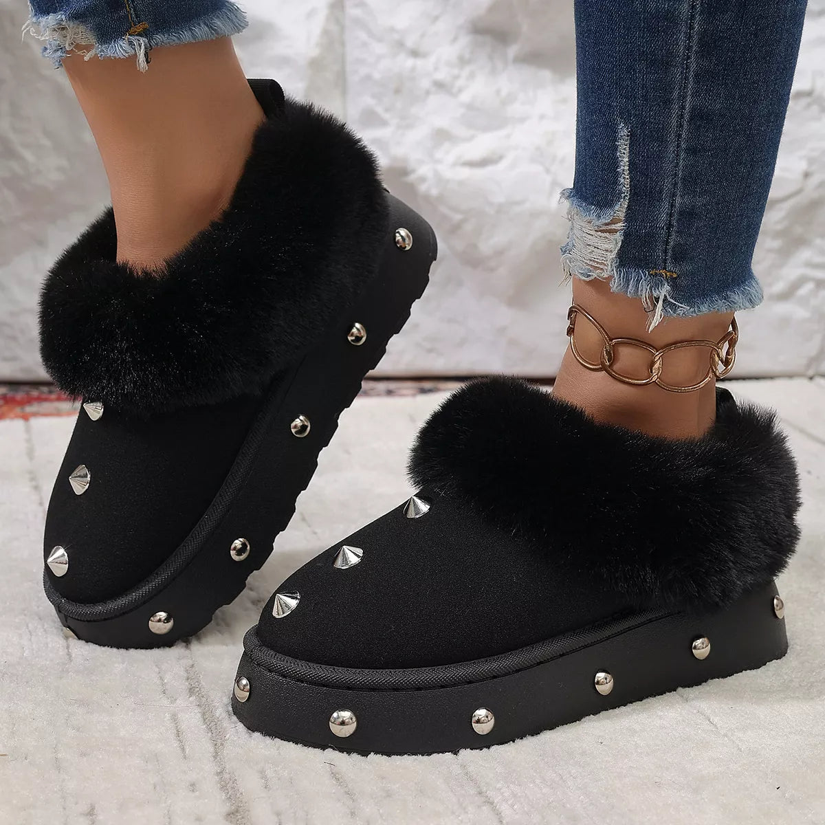 Trendsi studded platform winter boots with faux fur lining, featuring a rugged design and embellishments for cold-weather wear.