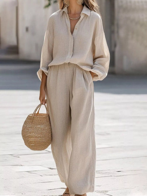 Plus size Trendsi loose fit shirt and wide leg pants set, featuring a relaxed fit and casual style, shown in a full view.