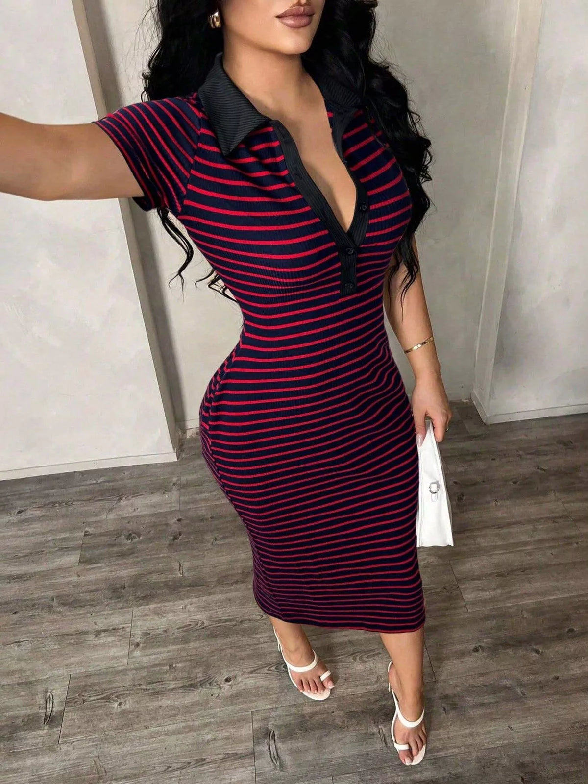 Striped polo collar midi dress from Plush Fashion Hub featuring a fitted waist and knee-length hem, perfect for casual or semi-formal wear.