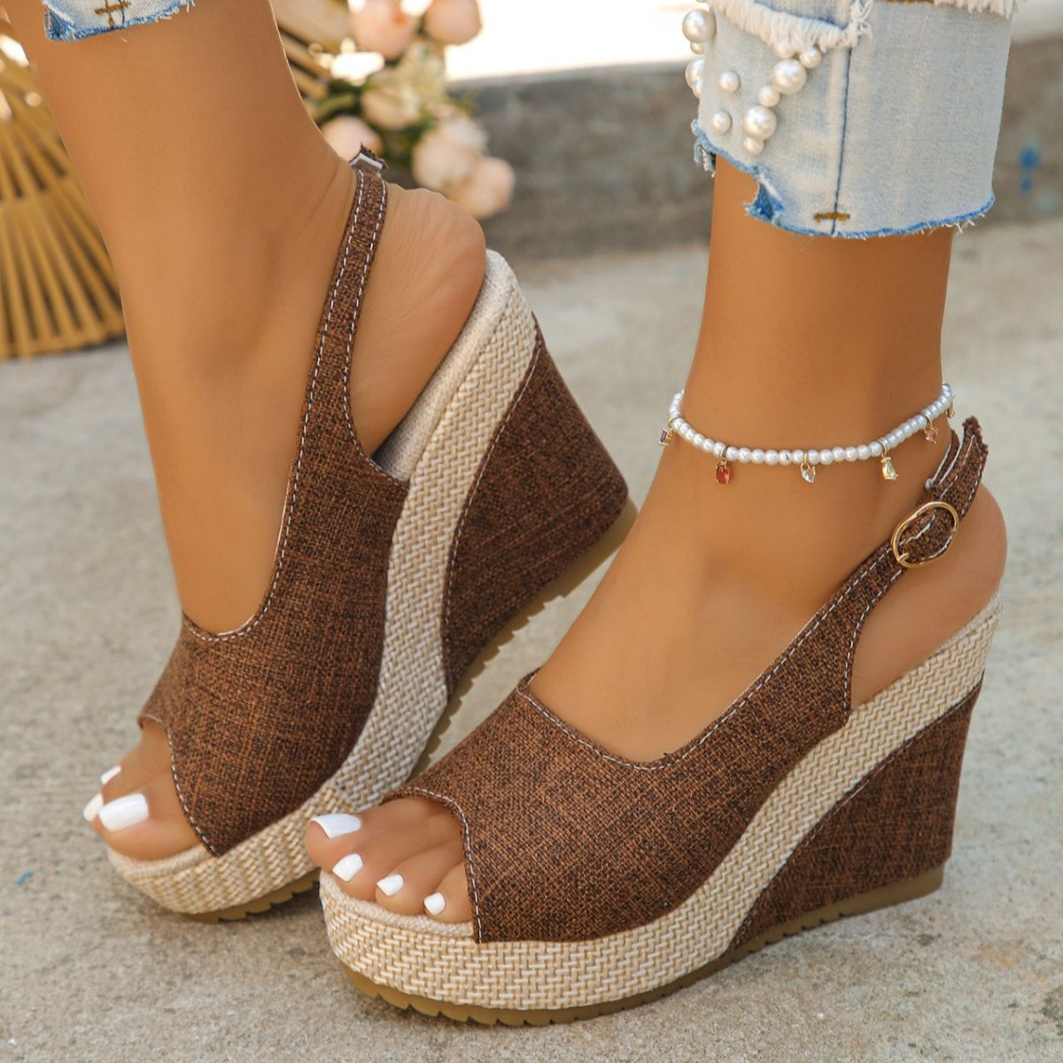 Women's open toe high wedge sandals by Plush Fashion Hub, featuring chic design and comfortable summer heel style.