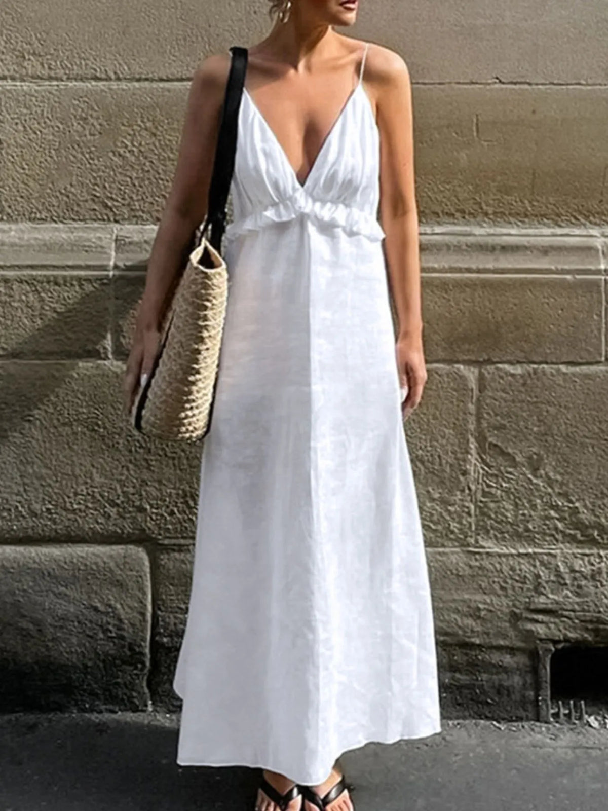 Women’s ruffled V-neck cotton maxi dress by Plush Fashion Hub, featuring a flowy boho summer style with ruffled details.