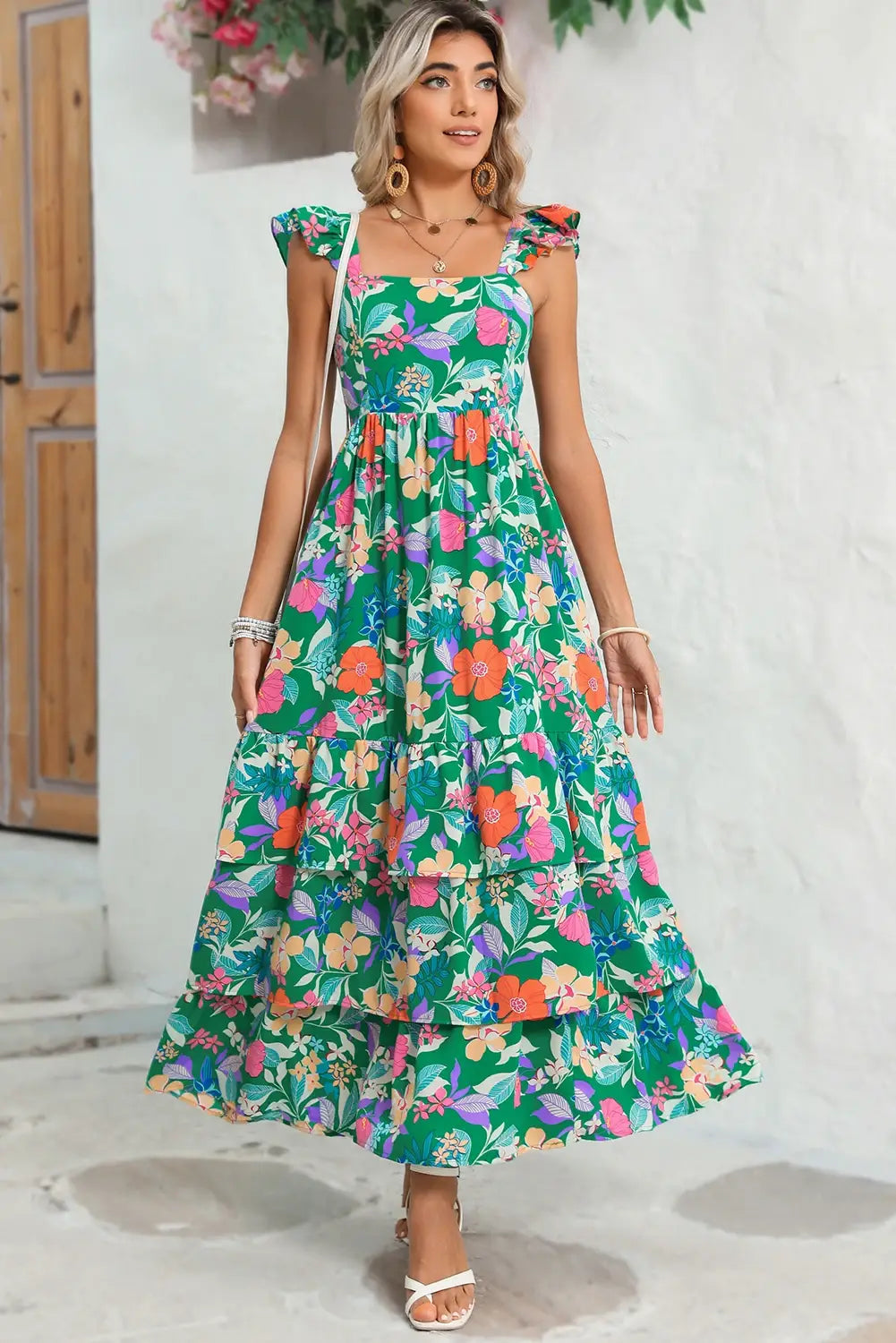 Floral Ruffle Green Tiered Maxi Dress Pretty Little Patriot