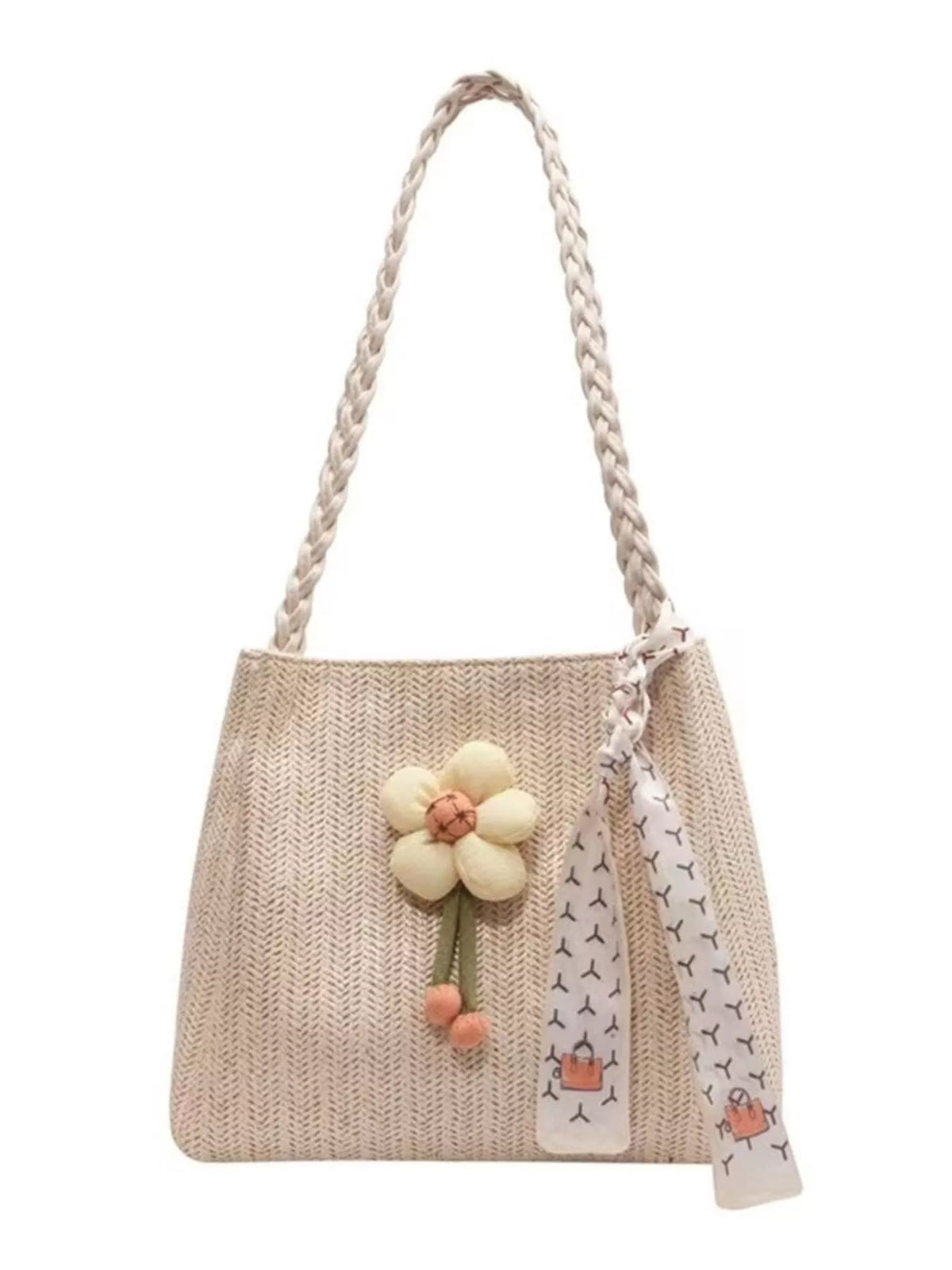 Woven straw tote bag with floral decor, stylish bag from Plush Fashion Hub featuring natural straw texture and floral accents.