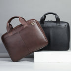Genuine leather Pi-Mart large capacity men's briefcase with horizontal design, cowhide exterior, and computer storage pocket.