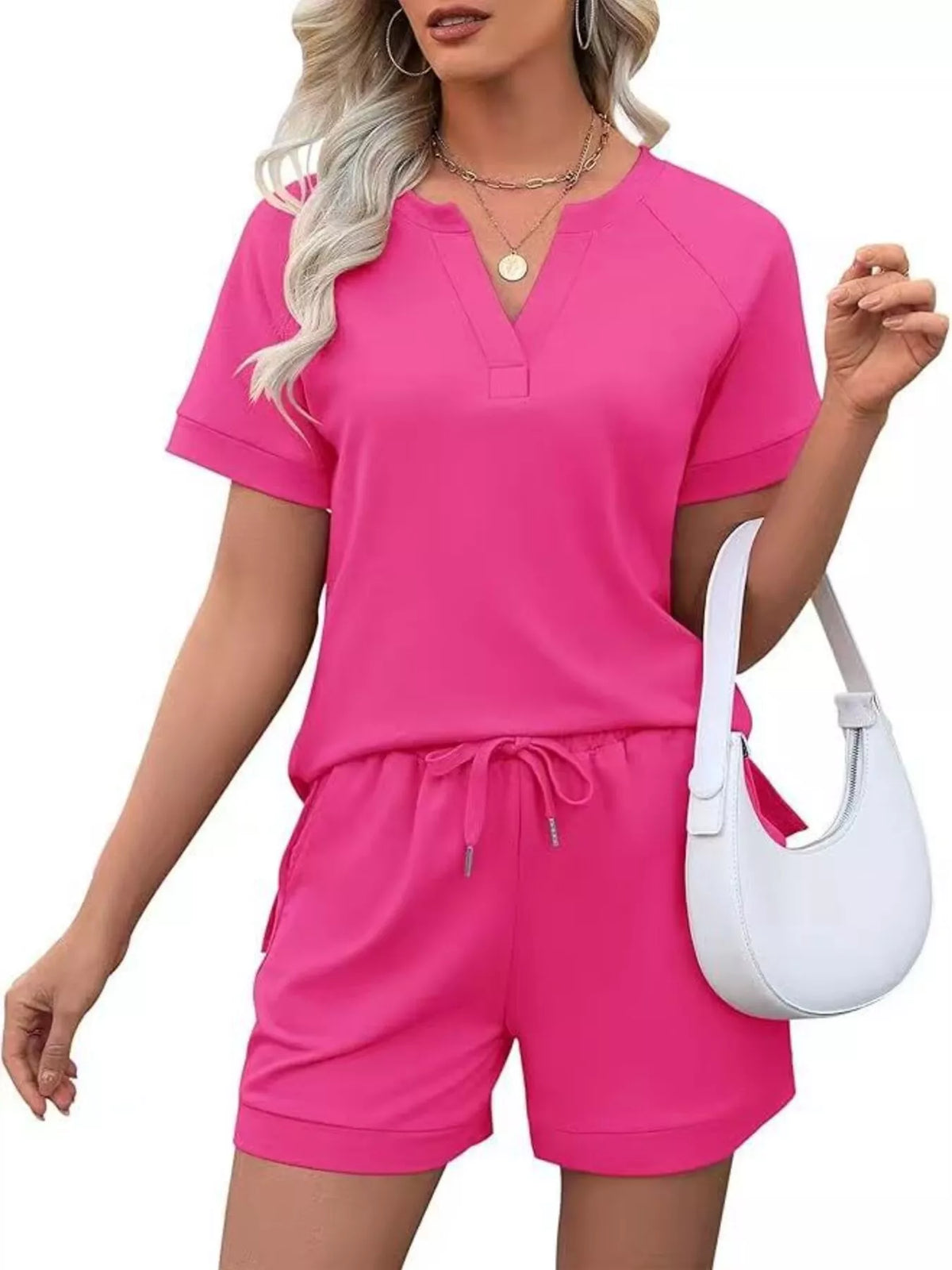 Solid color short sleeve top and shorts set by Plush Fashion Hub, casual two-piece apparel for comfortable everyday wear.