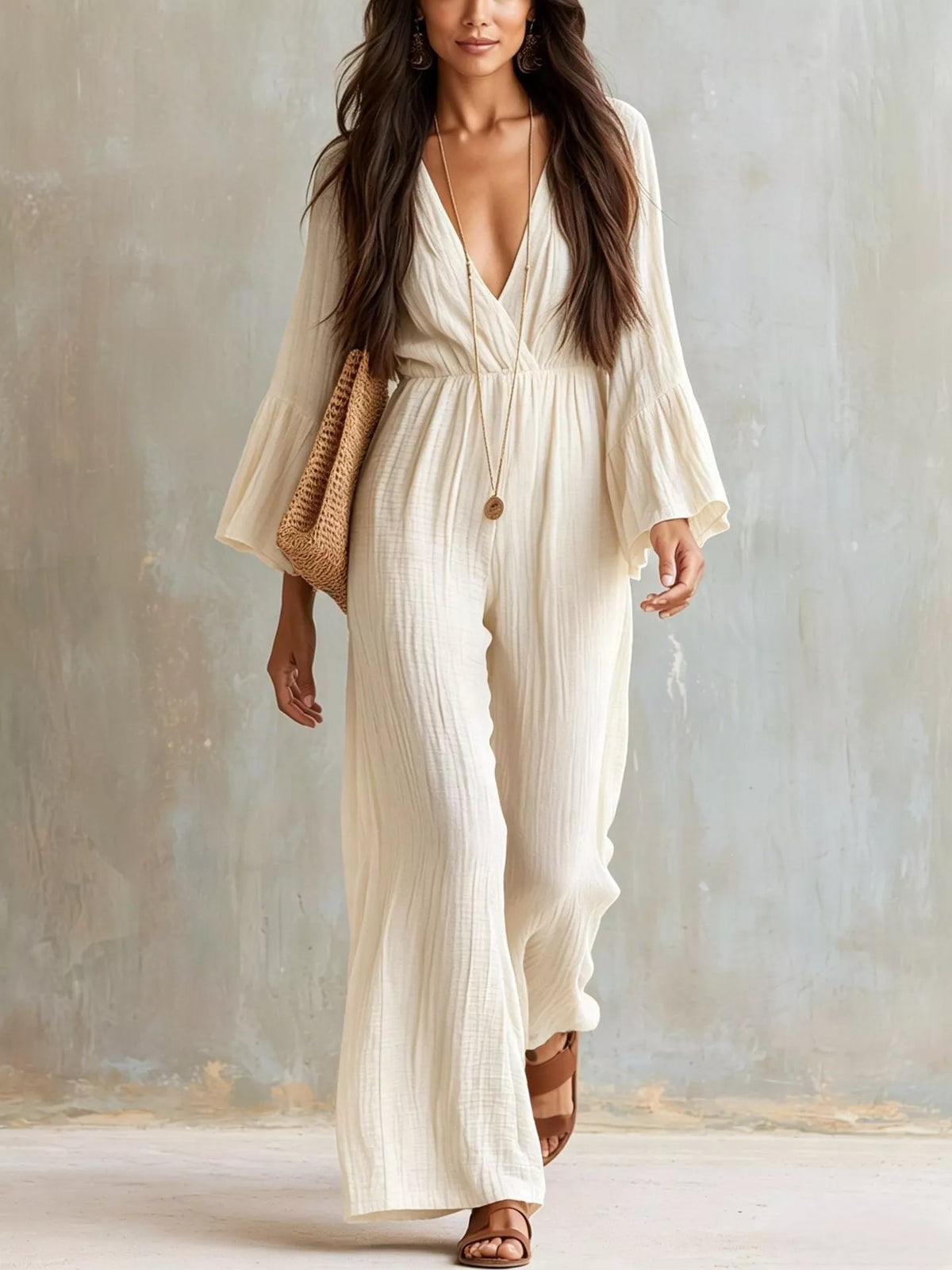 Textured flare sleeve women's jumpsuit from Trendsi, featuring a stylish design with wide flare sleeves and a fitted waist.