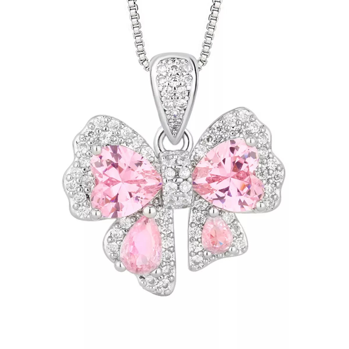 Silver Zircon Bow Pendant Necklace featuring a sparkling bow design, perfect for elegant accessories by Plush Fashion Hub.