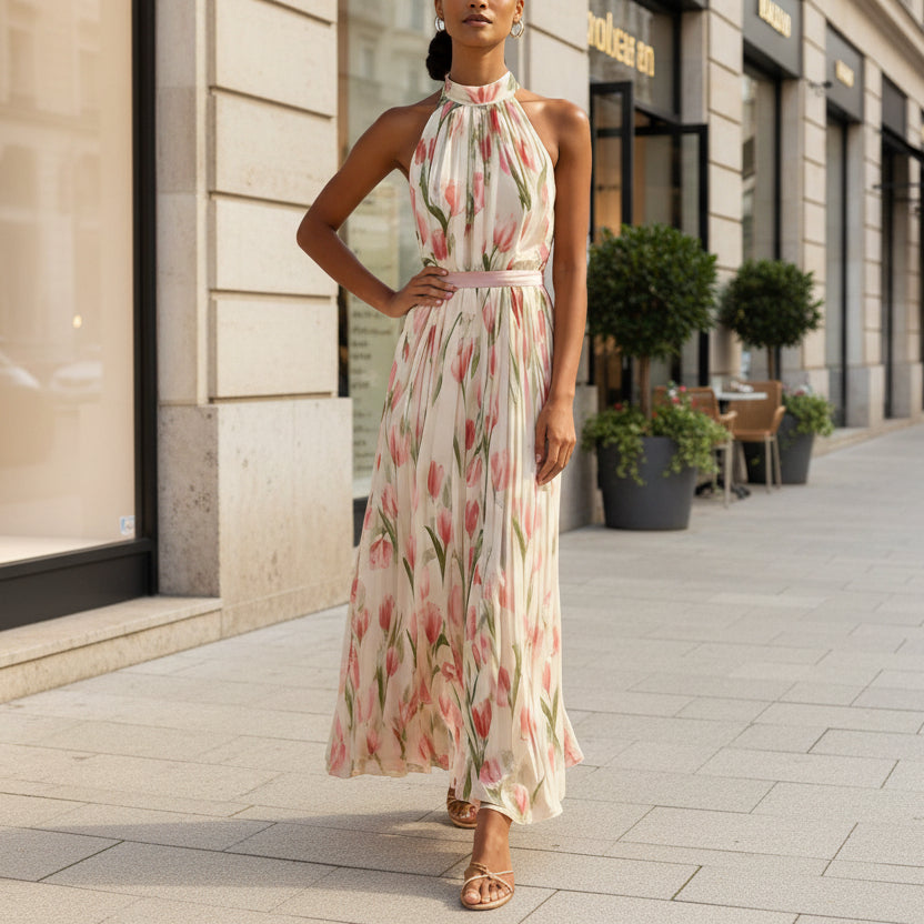 Women's halterneck high-waist swing dress by FitiqueFit featuring floral and solid print casualwear, flowing fabric and stylish design.