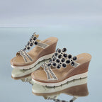 Women rhinestone platform sandals with heels, stylish slip-on slippers with sparkling embellishments, perfect for summer footwear.