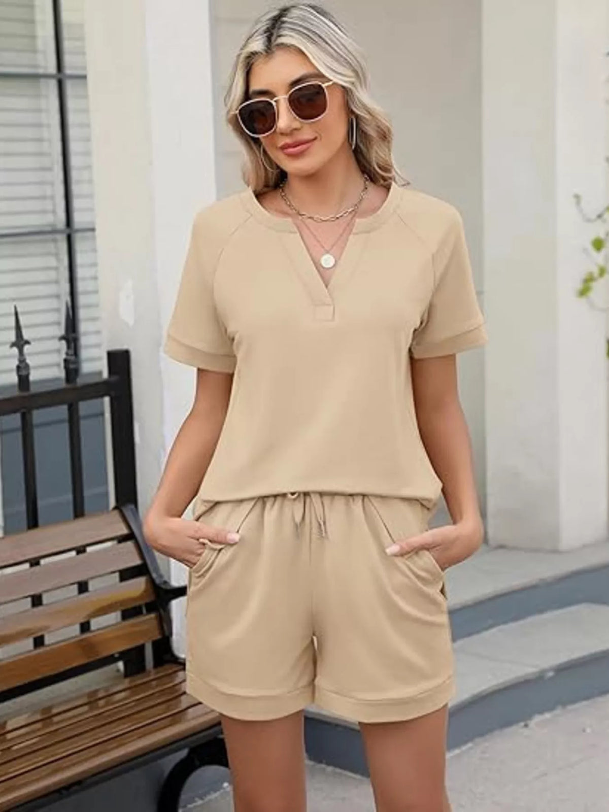 Plush Fashion Hub solid color short sleeve top and matching shorts two-piece apparel set, casual summer outfit for women.
