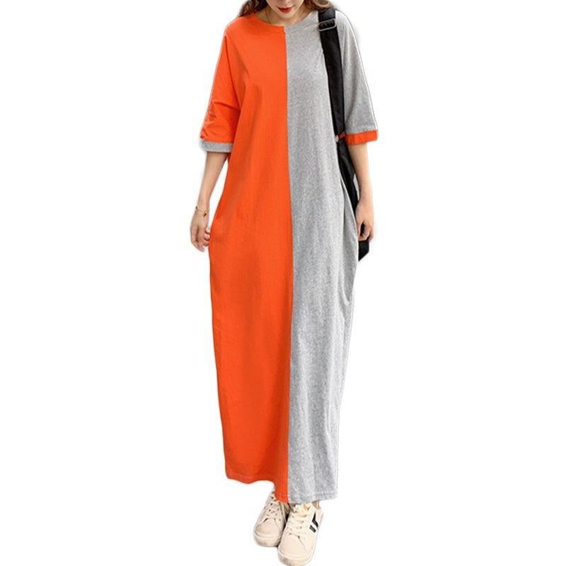 Women's Fashion Casual Cotton Colorblock Loose T-Shirt DressRevamp your wardrobe with our Women's Fashion Casual Cotton Colorblock Loose T-Shirt Dress. Made from lightweight polyester fiber, this orange-gray, green gray, and DressPlush Fashions ShopPlush Fashion Shop