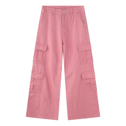 Wide Leg Cargo Jeans in pink, comfortable cotton blend, casual style.