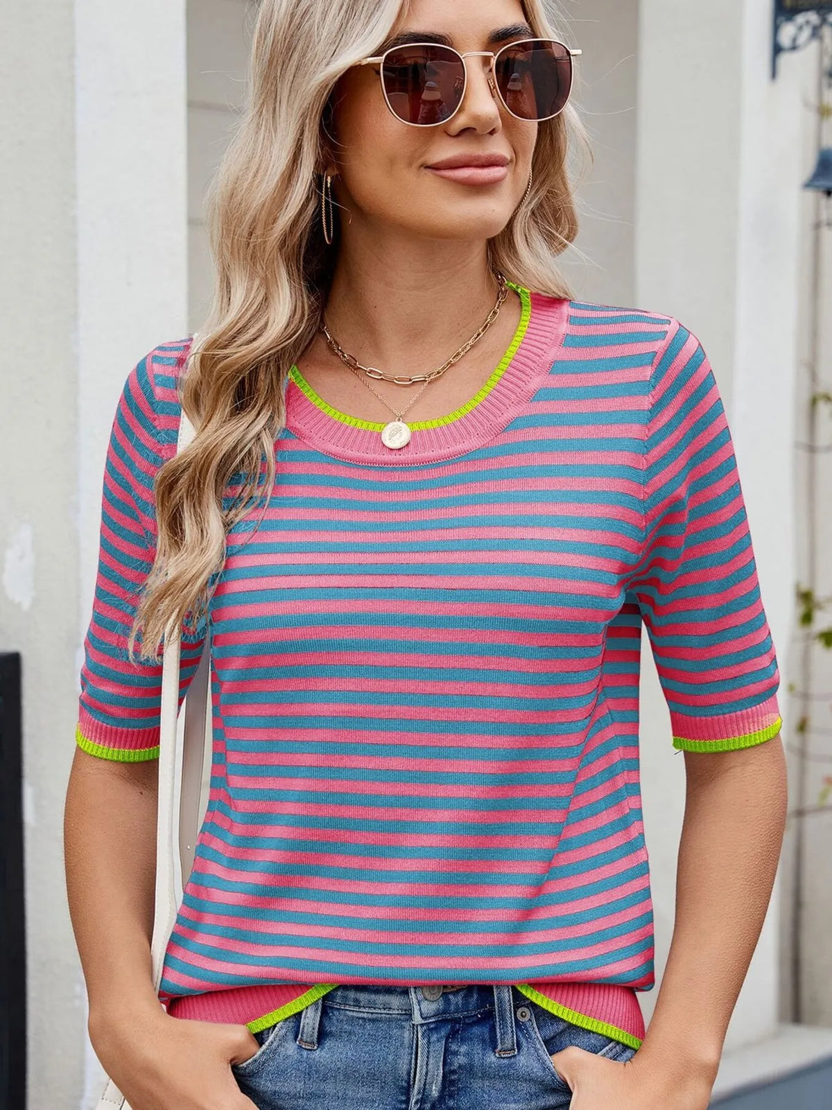 Striped casual T-shirt with contrast trim from Plush Fashion Hub, featuring a comfortable fit and stylish design.