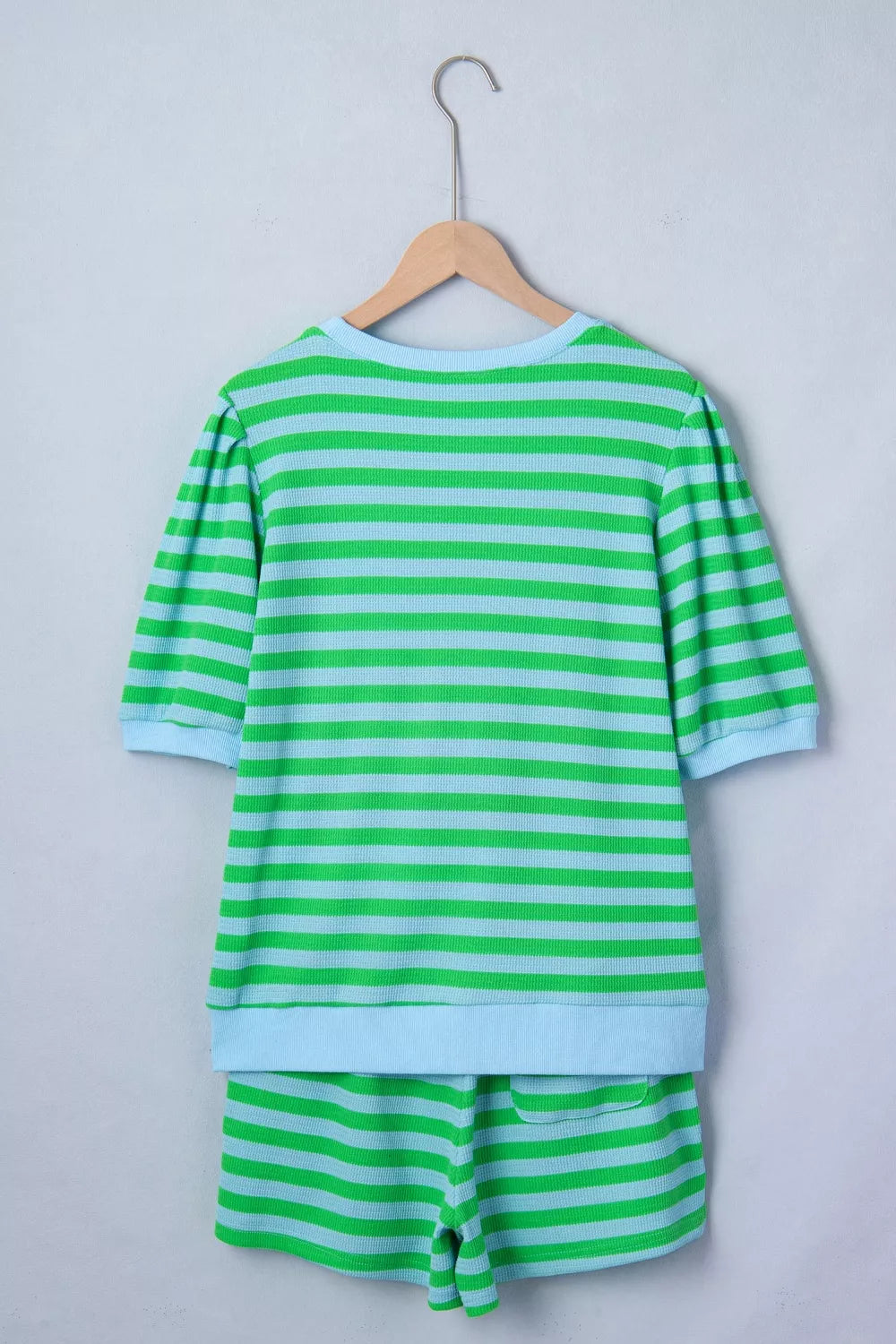 Plush Fashion Hub matching set with stripe colorblock puff sleeve top and drawstring shorts, casual stylish outfit for women.
