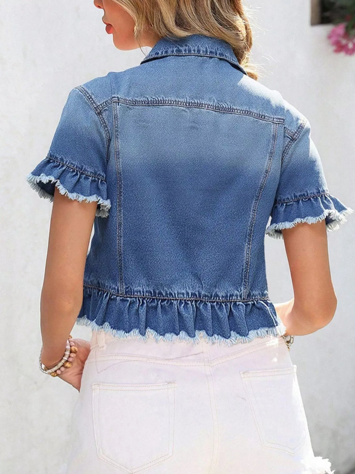 Plush Fashion Hub short sleeve denim jacket with ruffle hem, stylish casual outerwear for women.