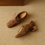 Women's retro sheepskin square toe chunky heel pumps by Plush Fashion Hub, lace-up mid heel footwear with stylish design.